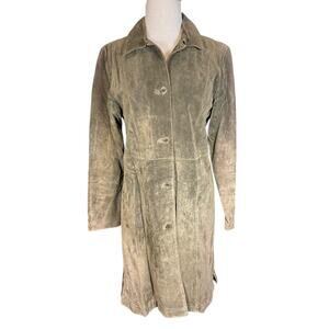 Vintage Live A Little 100% Leather Olive Green Button Up Long Jacket Size Medium